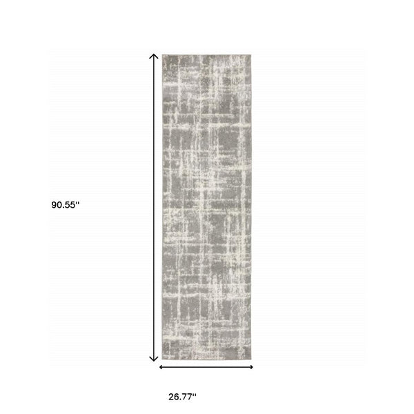 HomeRoots 2' Grey and Ivory Abstract Shag Runner Rug - Stylish, Stain-Resistant, Soft for High-Traffic Areas 2'3" x 7'6" 509878