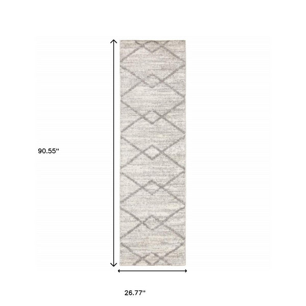 HomeRoots 2' X 8' Ivory and Grey Geometric Shag Runner Rug - Soft, Stain-Resistant Design for Modern Spaces 2'3" x 7'6" 509883