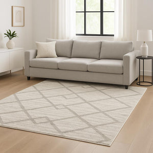 HomeRoots 2' X 8' Ivory and Grey Geometric Shag Runner Rug - Soft, Stain-Resistant Design for Modern Spaces 7' X 10' 509887