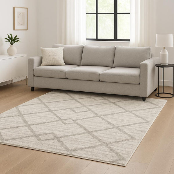 HomeRoots 2' X 8' Ivory and Grey Geometric Shag Runner Rug - Soft, Stain-Resistant Design for Modern Spaces 7' X 10' 509887