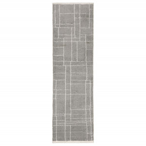 HomeRoots 2' Modern Grey and Ivory Geometric Shag Runner Rug - Soft, Durable, Stain-Resistant for High-Traffic Areas 2'3" x 7'6" 509893
