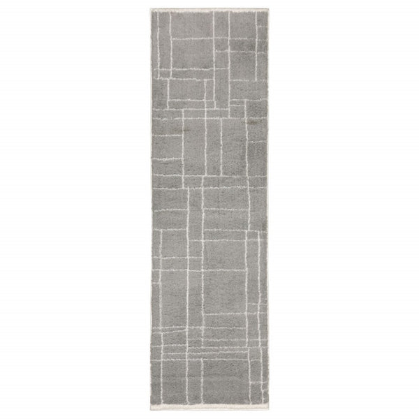 HomeRoots 2' Modern Grey and Ivory Geometric Shag Runner Rug - Soft, Durable, Stain-Resistant for High-Traffic Areas 2'3" x 7'6" 509893
