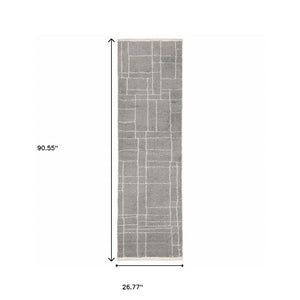 HomeRoots 2' Modern Grey and Ivory Geometric Shag Runner Rug - Soft, Durable, Stain-Resistant for High-Traffic Areas 2'3" x 7'6" 509893