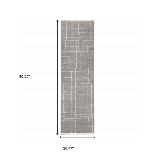 HomeRoots 2' Modern Grey and Ivory Geometric Shag Runner Rug - Soft, Durable, Stain-Resistant for High-Traffic Areas 2'3" x 7'6" 509893