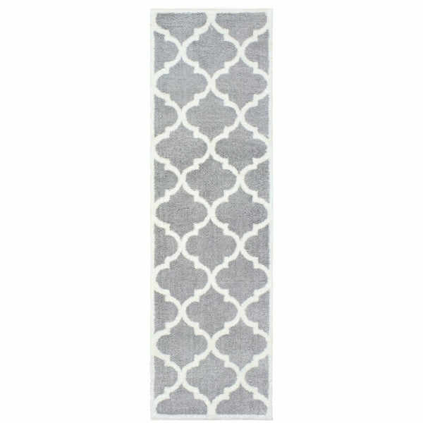 HomeRoots 2' Modern Geometric Shag Runner Rug - Stain-Resistant Floor Covering for High-Traffic Spaces Grey/ Ivory 2'3" x 7'6" 509898