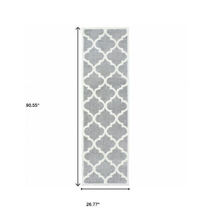 HomeRoots 2' Modern Geometric Shag Runner Rug - Stain-Resistant Floor Covering for High-Traffic Spaces Grey/ Ivory 2'3" x 7'6" 509898