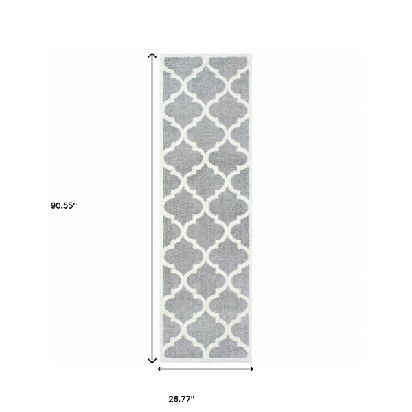 HomeRoots 2' Modern Geometric Shag Runner Rug - Stain-Resistant Floor Covering for High-Traffic Spaces Grey/ Ivory 2'3" x 7'6" 509898