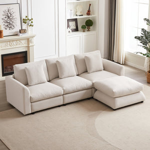 English Elm MH102.2 Modular 102.2" L-Shaped Sectional Sofa with Ottoman, 3 Cushions & Pillows, Upholstered Comfort Beige W1193S00136
