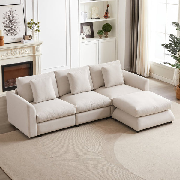 English Elm MH102.2 Modular 102.2" L-Shaped Sectional Sofa with Ottoman, 3 Cushions & Pillows, Upholstered Comfort Beige W1193S00136