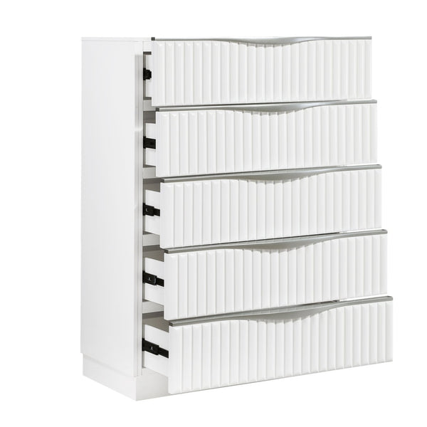English Elm Luxurious Pearl White Five Drawer Tall Chest with Textured Fronts for Glam Bedrooms B011P455646