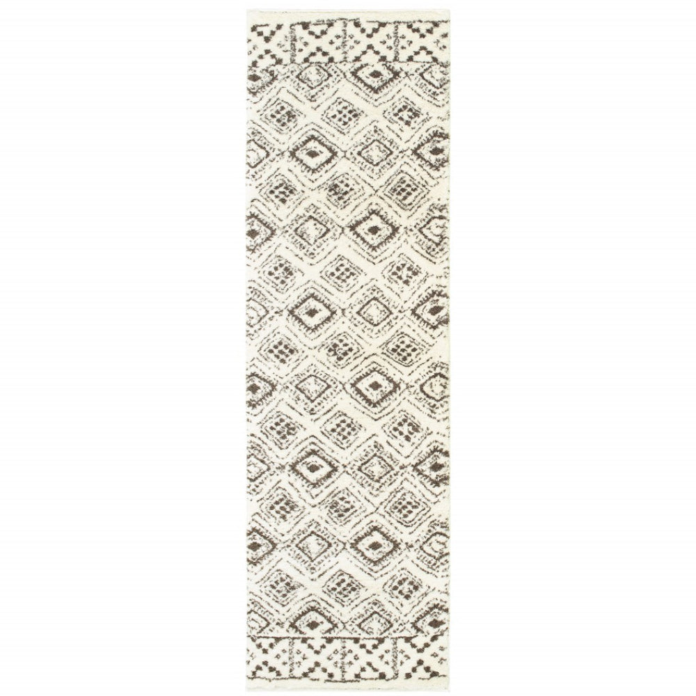HomeRoots 2' Modern Ivory and Brown Geometric Shag Runner Rug - Soft, Stain-Resistant, Durable for High Traffic Areas 2'3" x 7'6" 509905