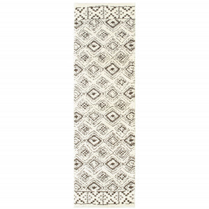 Homeroots 2' X 8' Ivory And Brown Geometric Shag Power Loom Stain Resistant Runner Rug  Polyester 509905