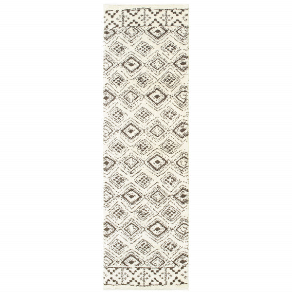 Homeroots 2' X 8' Ivory And Brown Geometric Shag Power Loom Stain Resistant Runner Rug  Polyester 509905