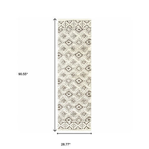 Homeroots 2' X 8' Ivory And Brown Geometric Shag Power Loom Stain Resistant Runner Rug  Polyester 509905