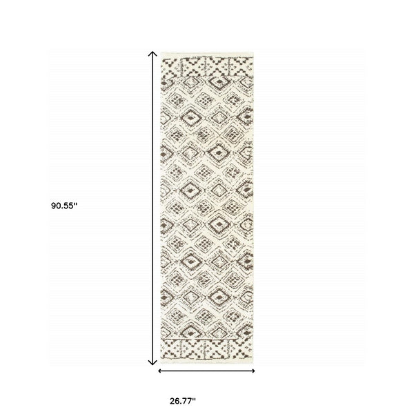 Homeroots 2' X 8' Ivory And Brown Geometric Shag Power Loom Stain Resistant Runner Rug  Polyester 509905