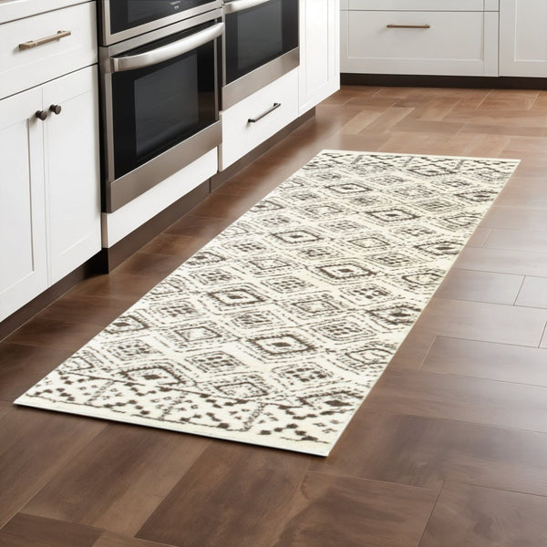 HomeRoots 2' Modern Ivory and Brown Geometric Shag Runner Rug - Soft, Stain-Resistant, Durable for High Traffic Areas 2'3" x 7'6" 509905