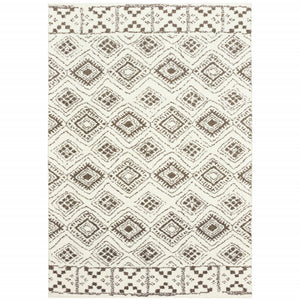 Homeroots 5' X 8' Ivory And Brown Geometric Shag Power Loom Stain Resistant Area Rug  Polyester 509908