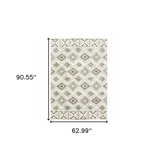 Homeroots 5' X 8' Ivory And Brown Geometric Shag Power Loom Stain Resistant Area Rug  Polyester 509908