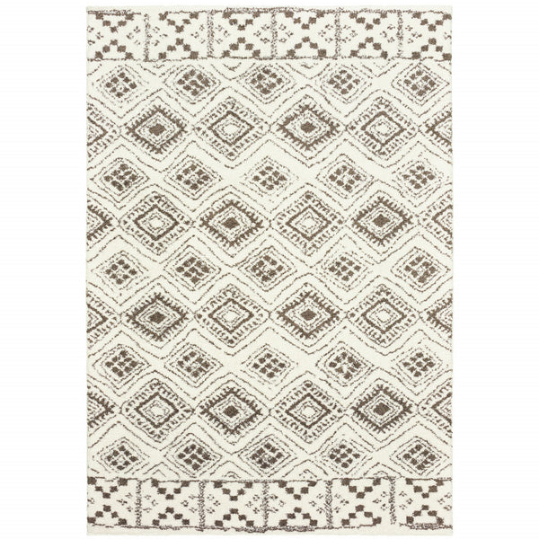 Homeroots 6' X 9' Ivory And Brown Geometric Shag Power Loom Stain Resistant Area Rug  Polyester 509909