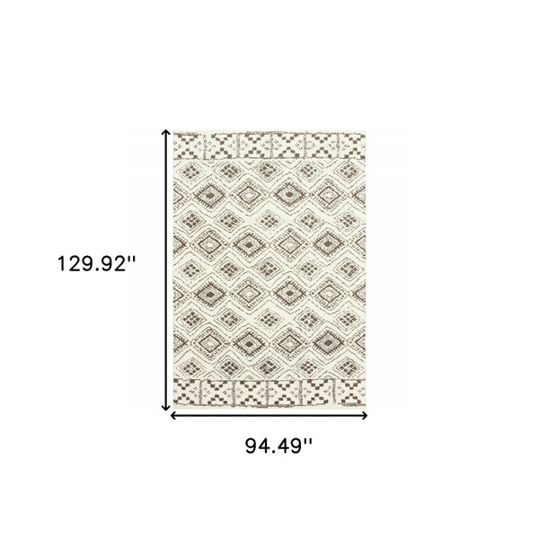 Homeroots 8' X 11' Ivory And Brown Geometric Shag Power Loom Stain Resistant Area Rug  Polyester 509910