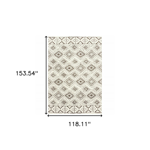 Homeroots 10' X 13' Ivory And Brown Geometric Shag Power Loom Stain Resistant Area Rug  Polyester 509911