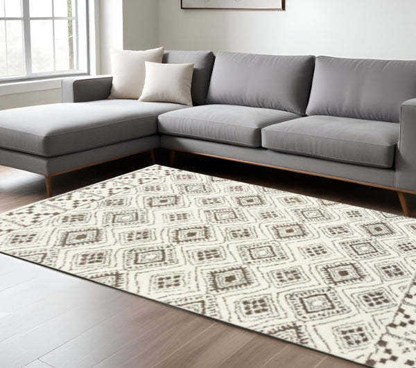 HomeRoots 2' Modern Ivory and Brown Geometric Shag Runner Rug - Soft, Stain-Resistant, Durable for High Traffic Areas 10' X 13' 509911