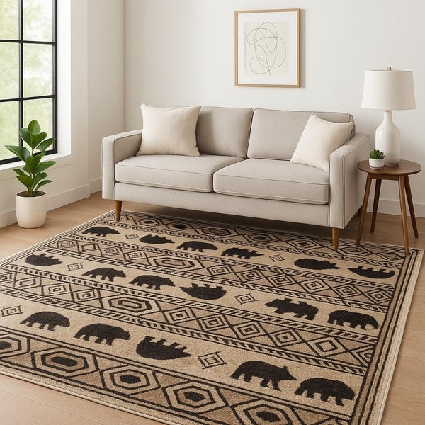 HomeRoots 5' Elegant Ivory and Black Southwestern Area Rug - Durable, Stain-Resistant Design for Any Room 5' X 7' 509936