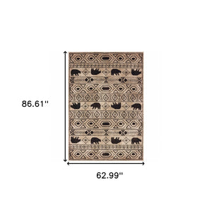 HomeRoots 5' Elegant Ivory and Black Southwestern Area Rug - Durable, Stain-Resistant Design for Any Room 5' X 7' 509936