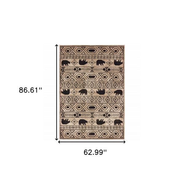 HomeRoots 5' Elegant Ivory and Black Southwestern Area Rug - Durable, Stain-Resistant Design for Any Room 5' X 7' 509936