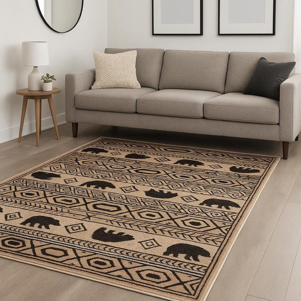 HomeRoots 5' Elegant Ivory and Black Southwestern Area Rug - Durable, Stain-Resistant Design for Any Room 7' X 9' 509937