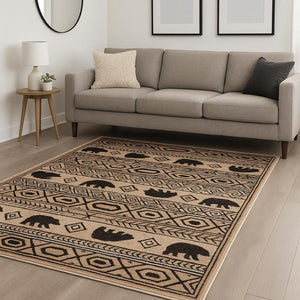 HomeRoots 5' Elegant Ivory and Black Southwestern Area Rug - Durable, Stain-Resistant Design for Any Room 7' X 9' 509937