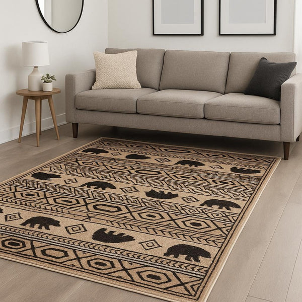 HomeRoots 5' Elegant Ivory and Black Southwestern Area Rug - Durable, Stain-Resistant Design for Any Room 7' X 9' 509937