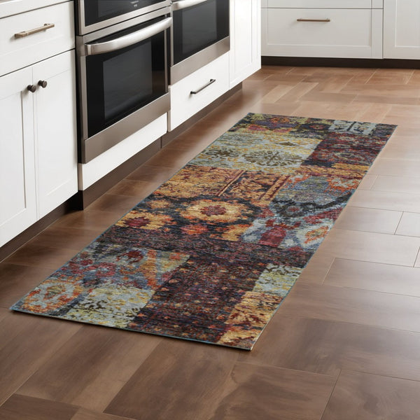 HomeRoots 10' Blue and Gold Abstract Area Rug - Modern Power Loom Design for Durable, Stylish Living Spaces 2'3" x 8' 509942