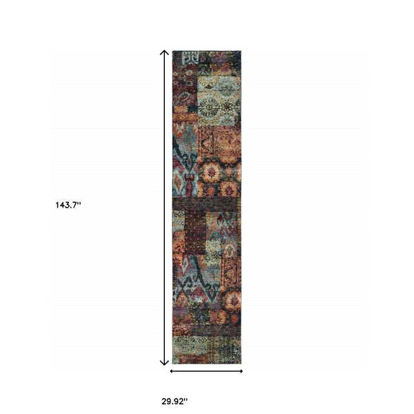 HomeRoots 10' Blue and Gold Abstract Area Rug - Modern Power Loom Design for Durable, Stylish Living Spaces 2'6" x 12' 509943
