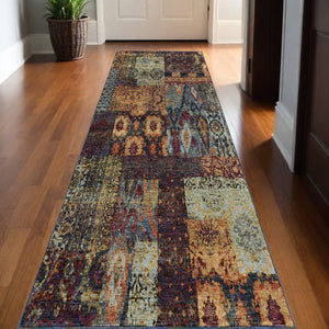 HomeRoots 10' Blue and Gold Abstract Area Rug - Modern Power Loom Design for Durable, Stylish Living Spaces 2'6" x 12' 509943