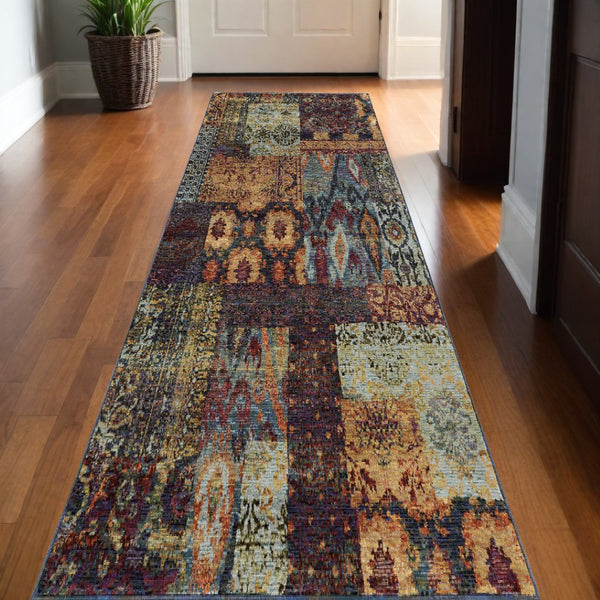 HomeRoots 10' Blue and Gold Abstract Area Rug - Modern Power Loom Design for Durable, Stylish Living Spaces 2'6" x 12' 509943