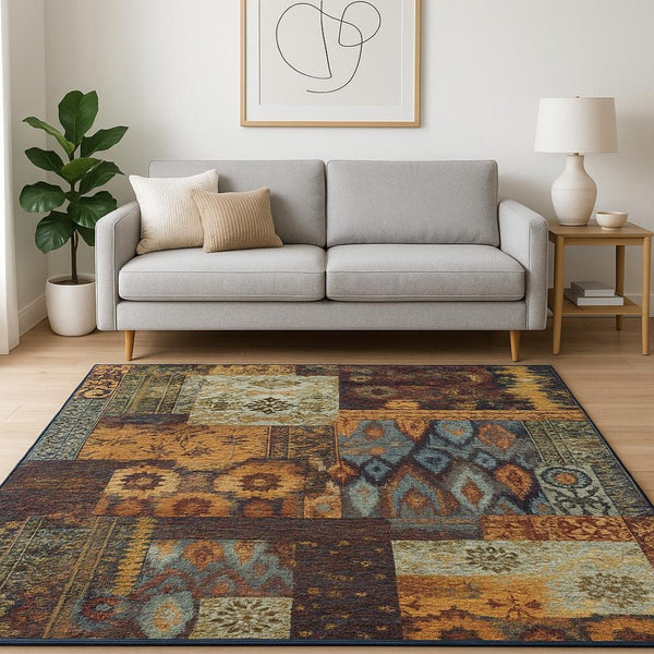 HomeRoots 10' Blue and Gold Abstract Area Rug - Modern Power Loom Design for Durable, Stylish Living Spaces 5' X 7' 509945