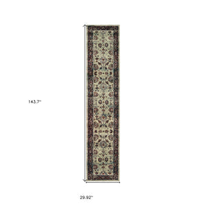Homeroots 12' Runner Stone And Red Oriental Power Loom Runner Rug  Other Material 509962