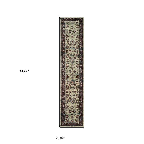 Homeroots 12' Runner Stone And Red Oriental Power Loom Runner Rug  Other Material 509962