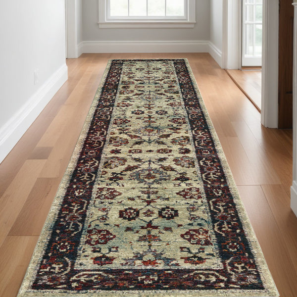 Homeroots 12' Runner Stone And Red Oriental Power Loom Runner Rug  Other Material 509962