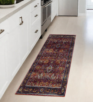 Homeroots 8' Runner Red Purple Oriental Power Loom Runner Rug  Other Material 509980