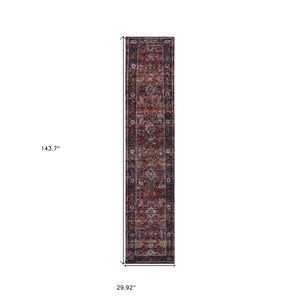 Homeroots 12' Runner Red Purple Gold And Grey Oriental Power Loom Runner Rug  Other Material 509981