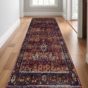 Homeroots 12' Runner Red Purple Gold And Grey Oriental Power Loom Runner Rug  Other Material 509981