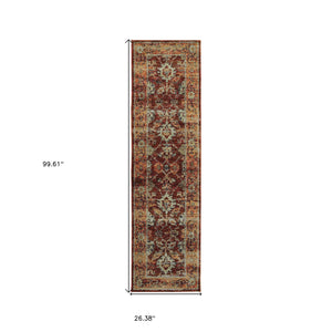Homeroots 8' Runner Red And Gold Oriental Power Loom Runner Rug  Other Material 509989