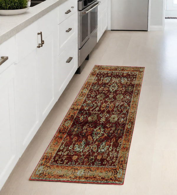 Homeroots 8' Runner Red And Gold Oriental Power Loom Runner Rug  Other Material 509989