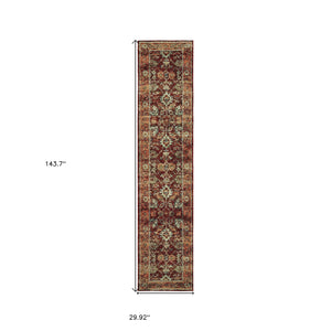 Homeroots 12' Runner Red Gold And Green Oriental Power Loom Runner Rug  Other Material 509990
