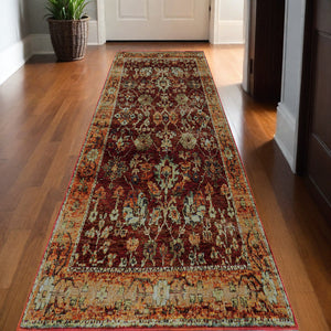 Homeroots 12' Runner Red Gold And Green Oriental Power Loom Runner Rug  Other Material 509990