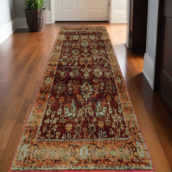 Homeroots 12' Runner Red Gold And Green Oriental Power Loom Runner Rug  Other Material 509990