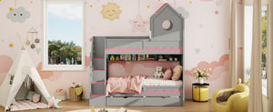 English Elm Twin Over Kids Bunk Bed with Castle Roofline Led Lights and Staircase Storage Gray N820S00068E
