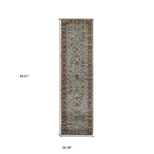 HomeRoots 10' Stunning Blue and Green Oriental Power Loom Area Rug – Durable, Stain-Resistant, Timeless Style 2'3" x 8' 509998